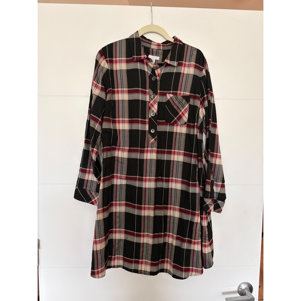 J Jill Women Black Red Plaid Tencel Lyocell Shirt Dress MP Academia Fall Pockets